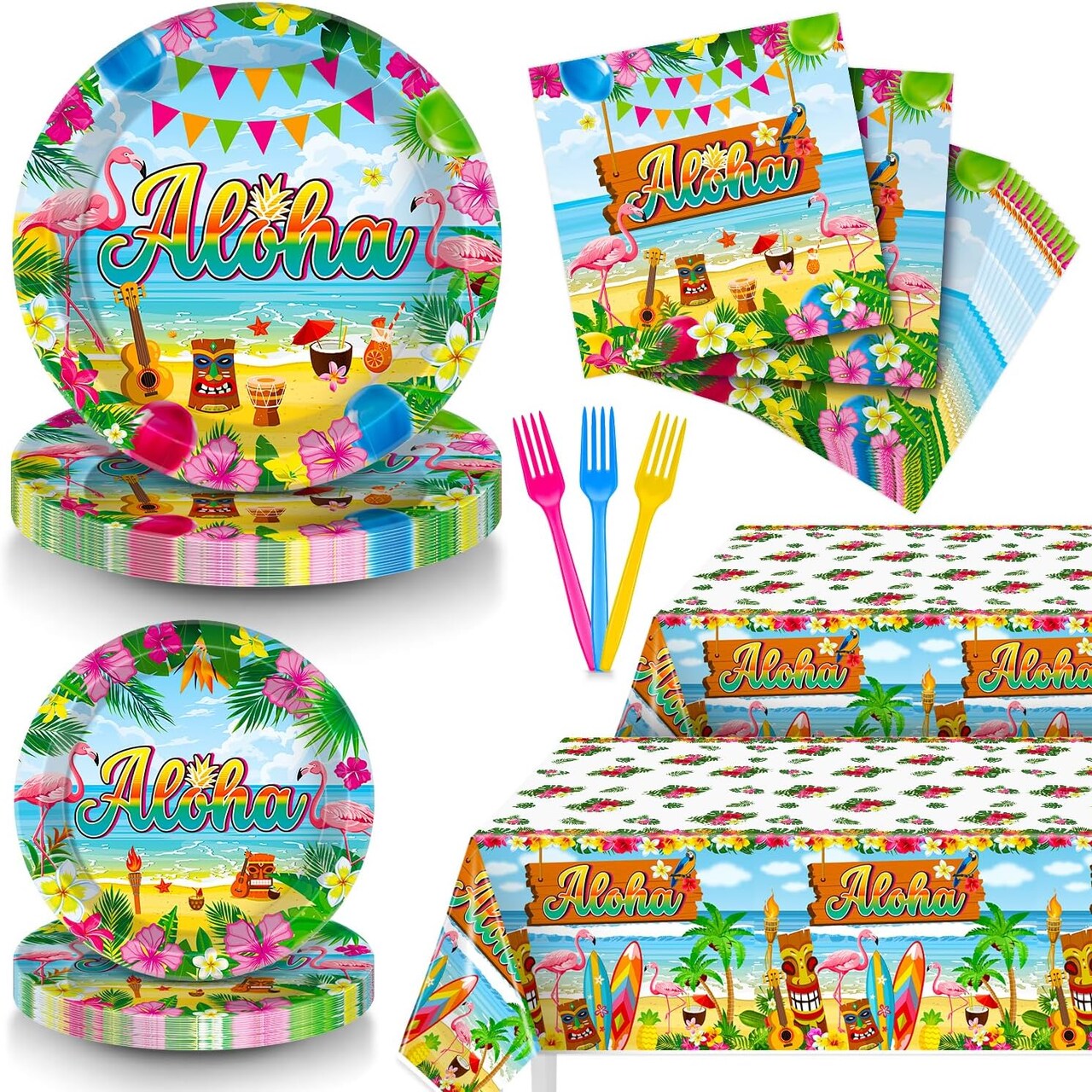 98 Pcs Hawaiian Tableware, Luau Party Decorations Include Aloha Tablecloth